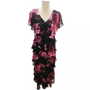 SLNY Black Pink Rose Floral Long Layered Stretchy Dress